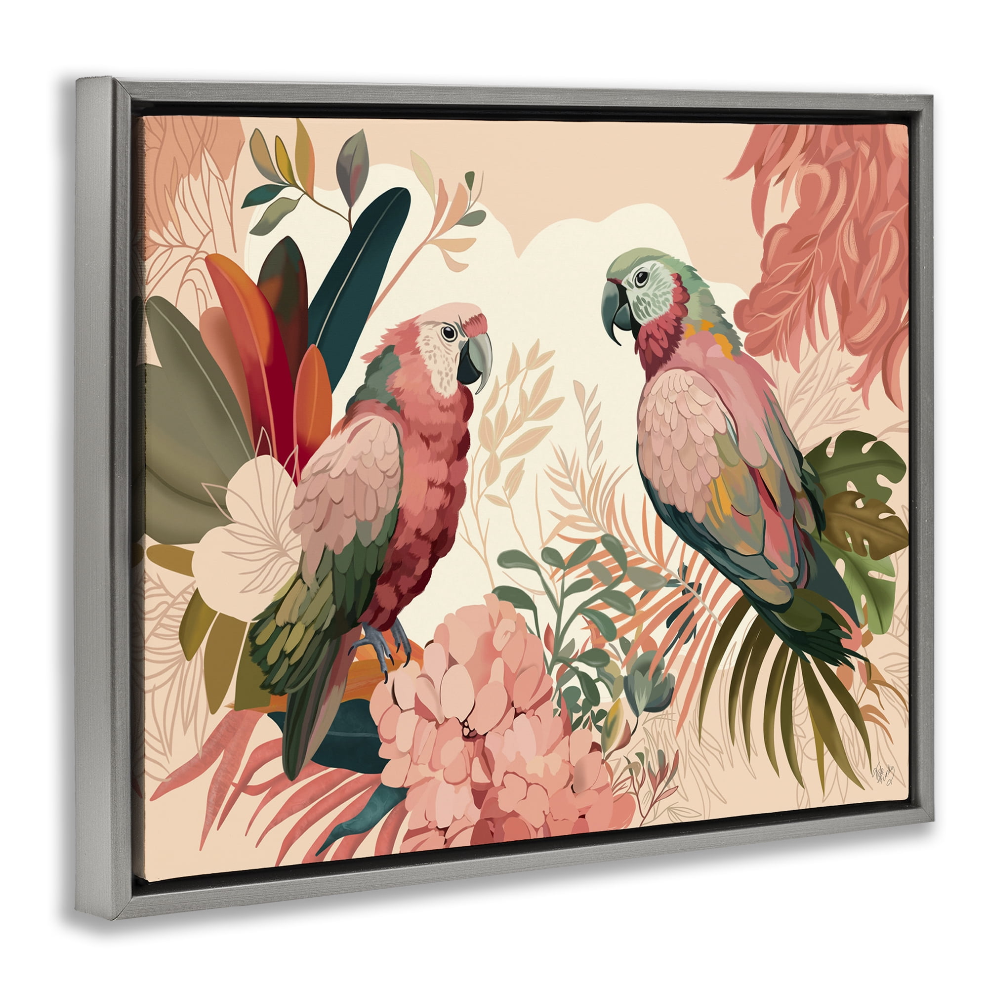 Stupell Industries Pink Parrots & Leaves Animals & Insects Painting Gray Floater Framed Canvas Art Print Wall Art, 21 x 17
