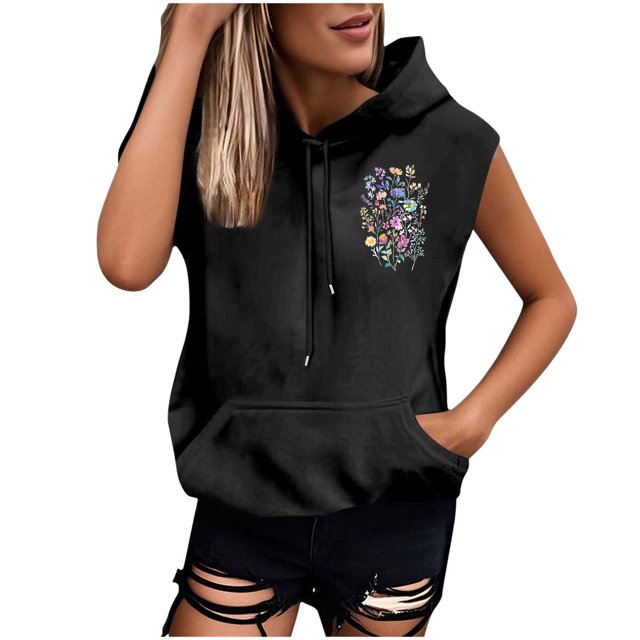 Sombrero Superior para las Mujeres Manga Corta Delantera Y Trasera Impresa Cuerda de Bolsillo con Capucha Sudadera Superior, Desgaste Casual Toda la Temporada