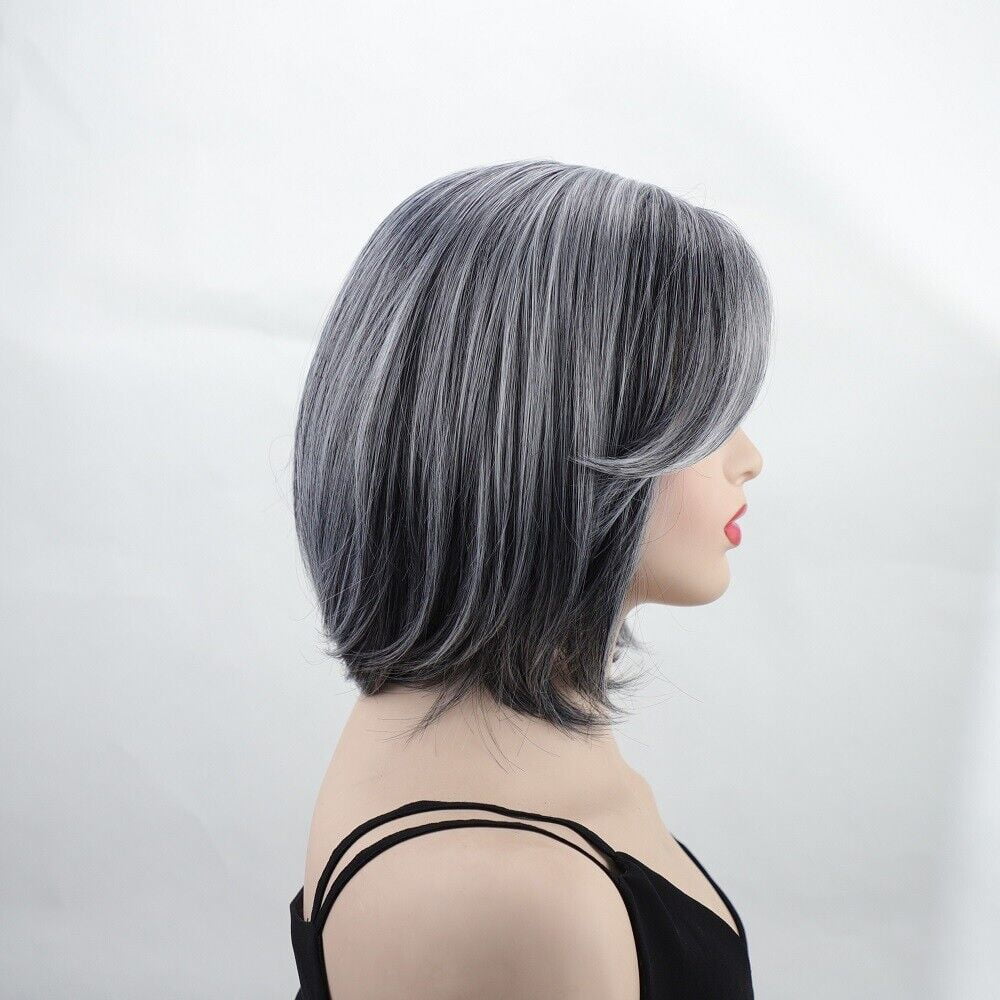 New Women's Short Straight Bob Wig with Curtain Bangs Gray Synthetic Hairpiece