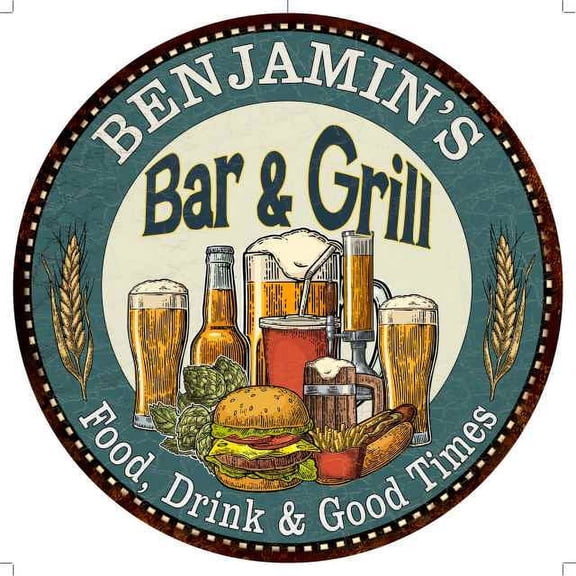 BENJAMIN'S Bar and Grill 14" Round Metal Sign Kitchen Wall Decor 100140023458