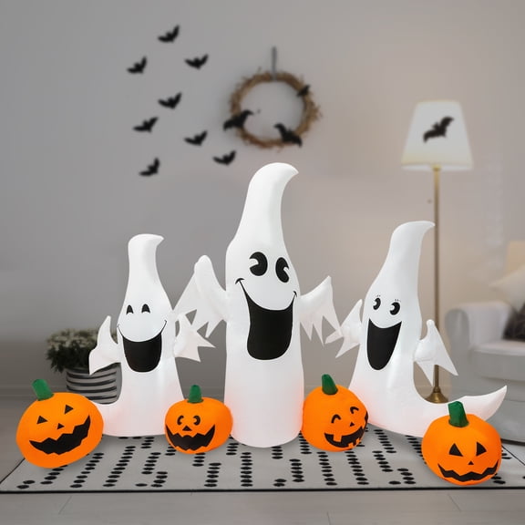 2.3m Light-Up Halloween Inflatable: 3 White Ghosts, 4 Smiling Pumpkins, Built-in LEDs, 6.6ft Cord, Tear-Resistant 210T Fabric, Foldable, Outdoor Entryway Decoration, 110V US Plug