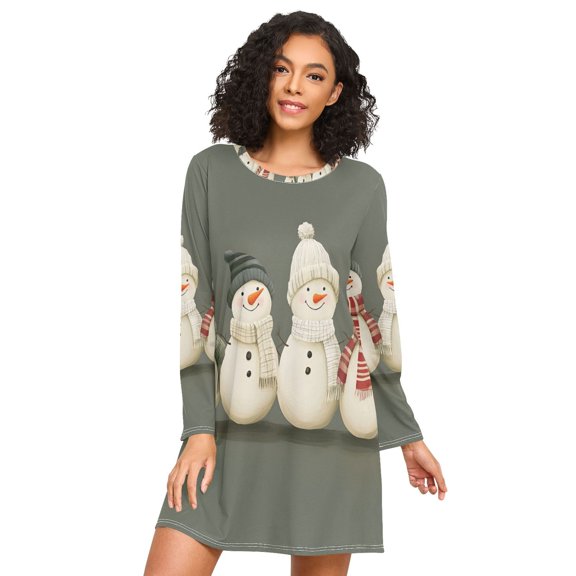 FORMRS Womens Long Sleeve Nightgowns Crew Neck Sleep Shirt Soft Pajamas Sizes S-3XL, Gray Snowmen
