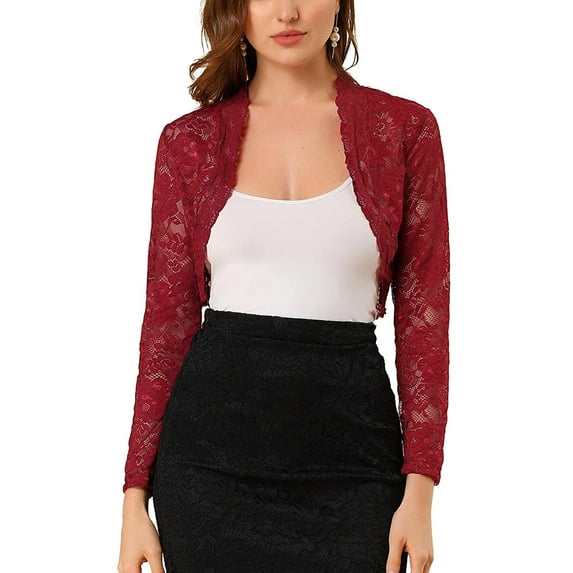 Seyurigaoka Floral Lace Cardigan See-through Scalloped Long Sleeve Crop Tops