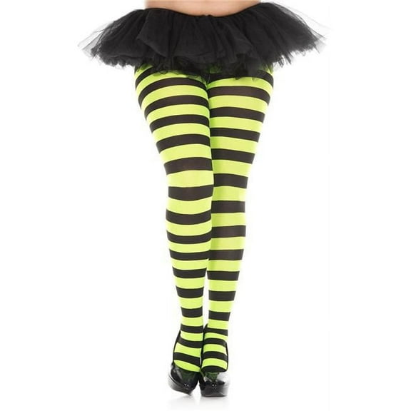 Music Legs Women's Women's 7419Q-BLACK-NGREEN Plus Size Wide Striped Tights - Black & Neon Green 7419Q-BLACK/NGREEN
