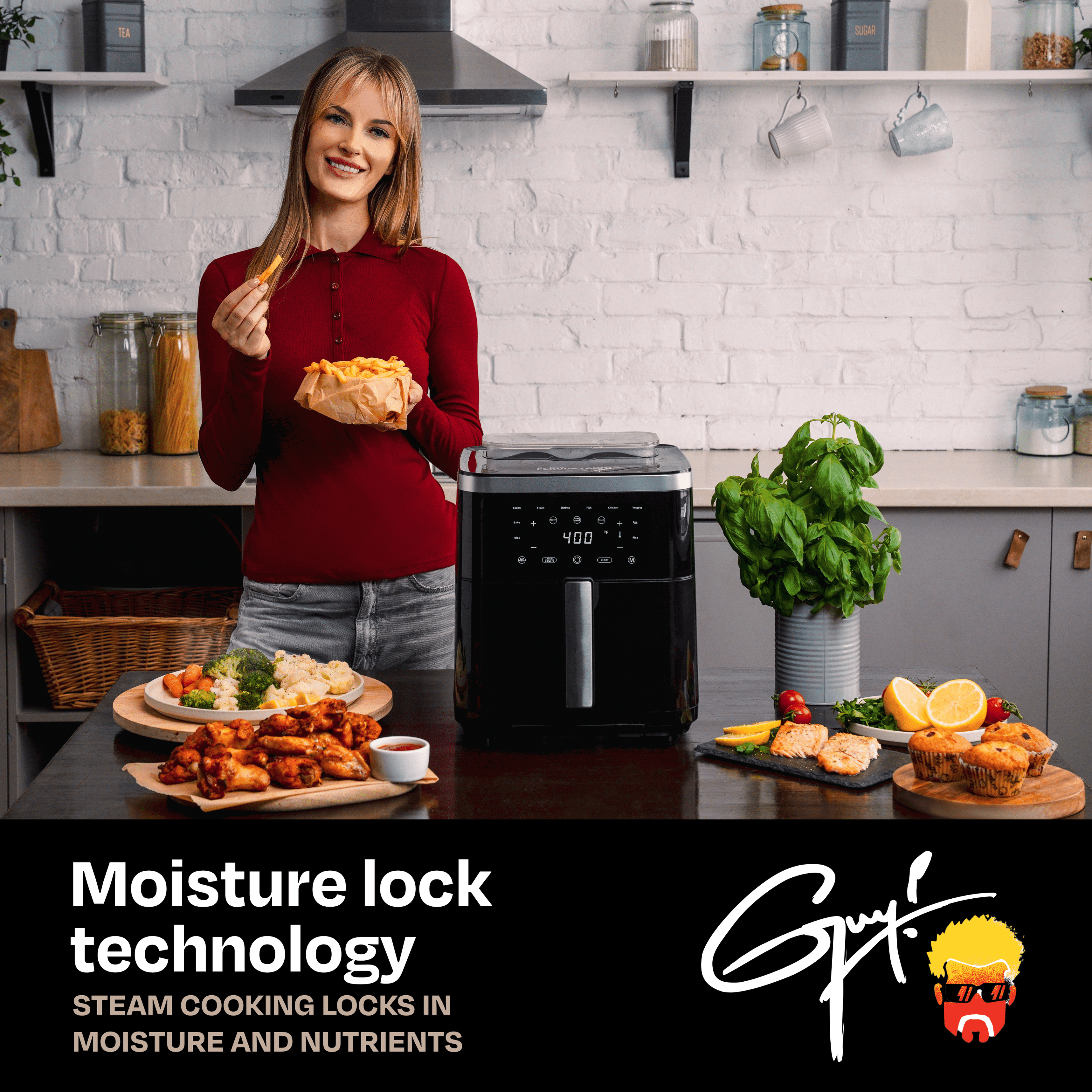 Guy Fieri's Flavortown 6.5 Quart Steam Air Fryer with Moisture Lock Technology –  Programmable Steamer and Air Fryer Combination, Temperature Control, 10-Presets, 1700 Watts