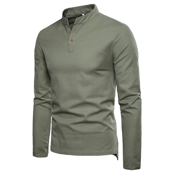 Bcfgryg Men's casual fashion solid color linen stand collar long sleeve slim fit T-shirt Slim Fit Dress Shirts Men Green