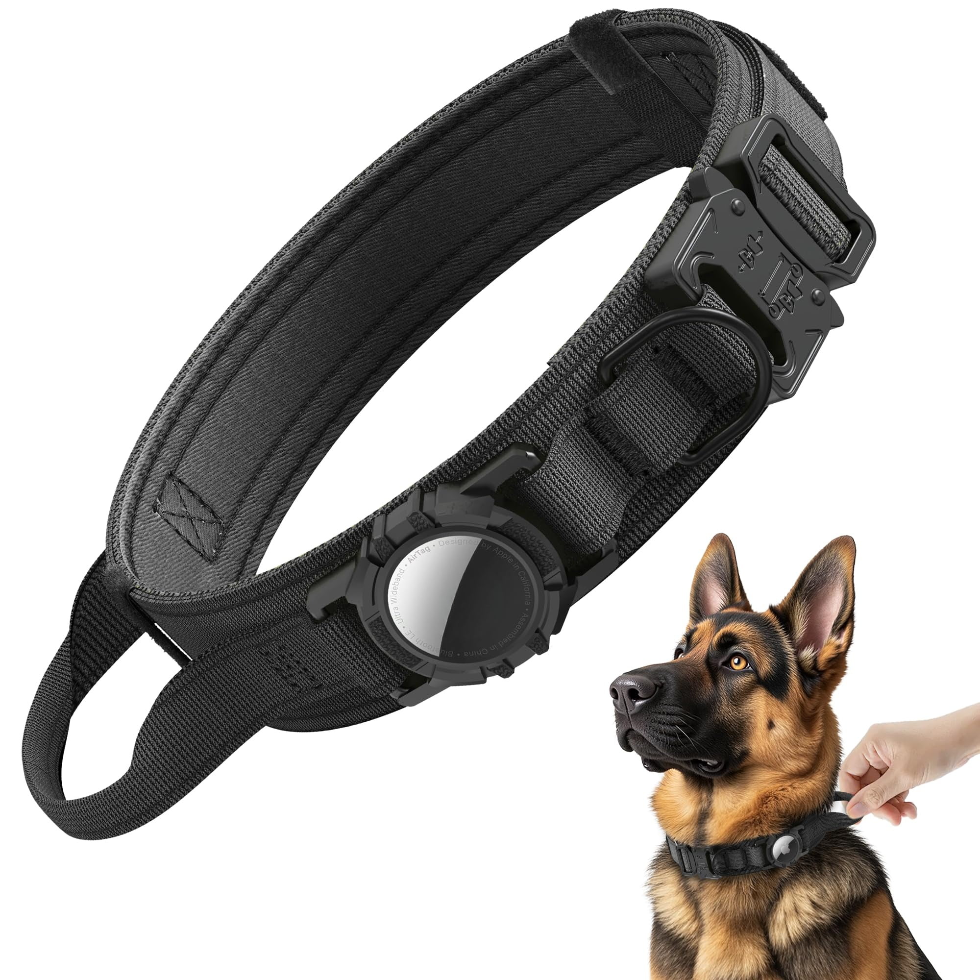 WAAYEE Tactical AirTag Dog Collar - Heavy Duty, Adjustable Collar Compatible with AirTag, with Control Handle for Medium/Large Dogs(Airtag Not Included)