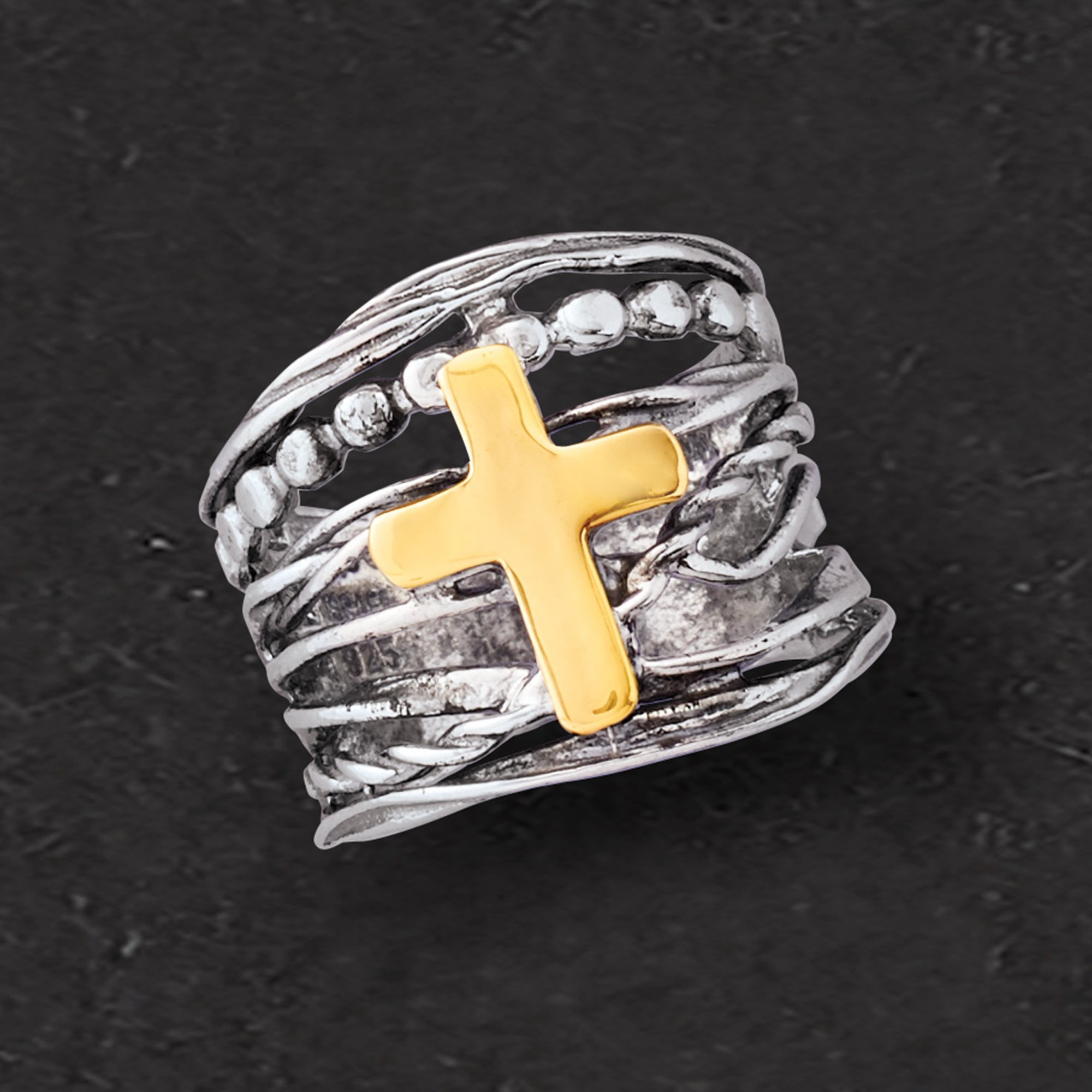 Ross-Simons Sterling Silver and 14kt Yellow Gold Multi-Row Cross Ring, Women's, Adult