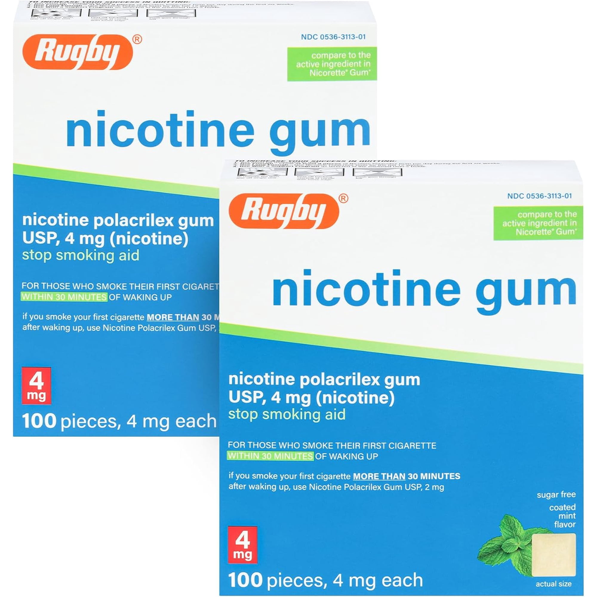 Rugby Polacrilex 4mg Nicotine Gum, Coated Mint Flavor, 100 Count (2-Pack)