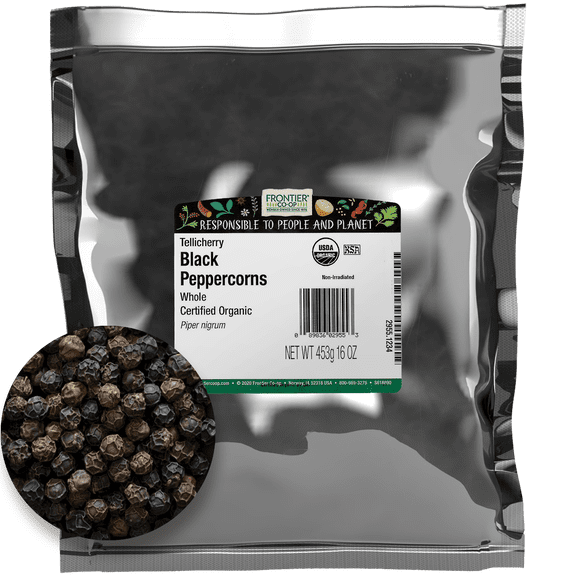 Frontier Co-op Certified Organic Whole Black Tellicherry Peppercorns, 16 oz Bag