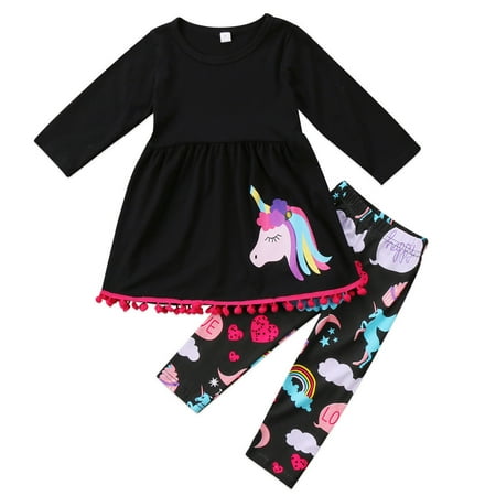 2Pcs Toddler Girls Kids Rainbow Horse Long Sleeve Tops Dress Pants Outfits Clothes Pyjama Set