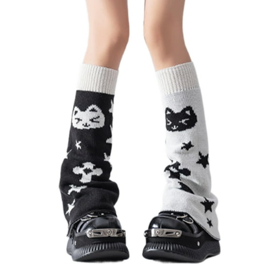 Reversible Cats Print Long Leg Warmers Harajuku Punk Knit Footless Flared Socks