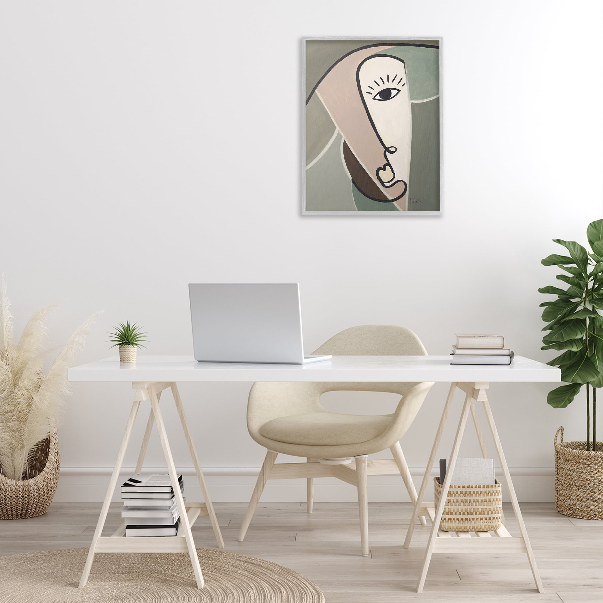 Stupell Industries Boho Cubism Face Abstract Painting Gray Framed Art Print Wall Art, 24 x 30