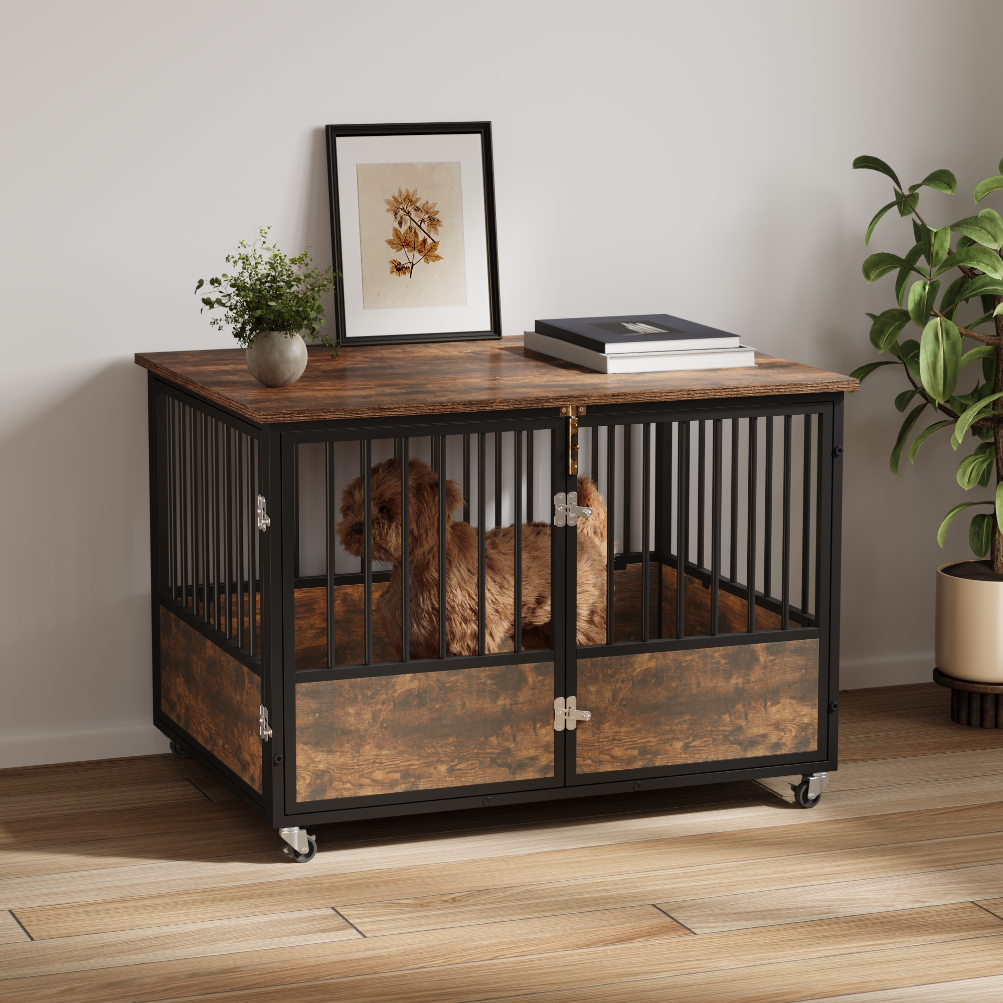 Uforic 43" Rustic Brown Dog Crate Furniture with Wheels, Double-Door Kennel for Small/Medium/Large Dogs, Escape-Proof Indoor Pet Cage, Wooden End Table