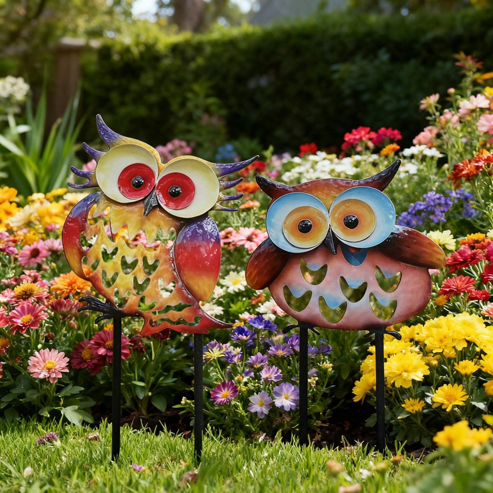 Metal Owl Garden Stake Set Of 2 Colorful Iron Art Yard Decorations For Outdoor Patio Lawn Garden Decor