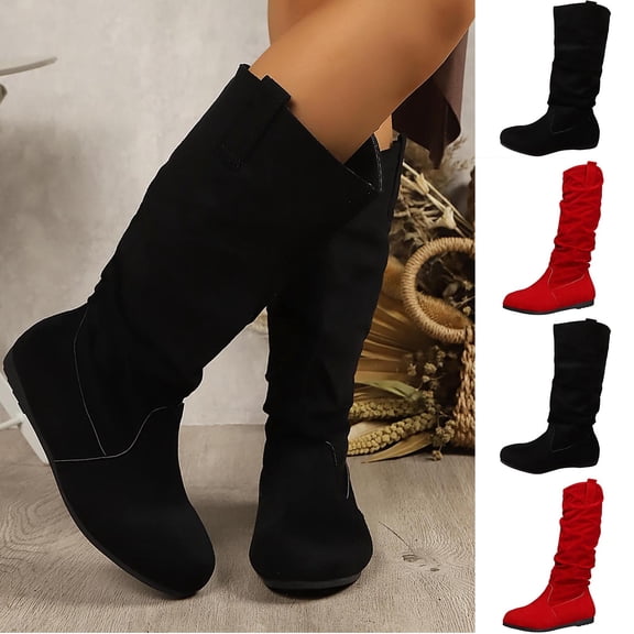 Women's Slouchy Round Toe Mid Calf Boots Soft Sole Faux Suede Pull on Low Heel Boots Fall Winter Casual Footwear Red