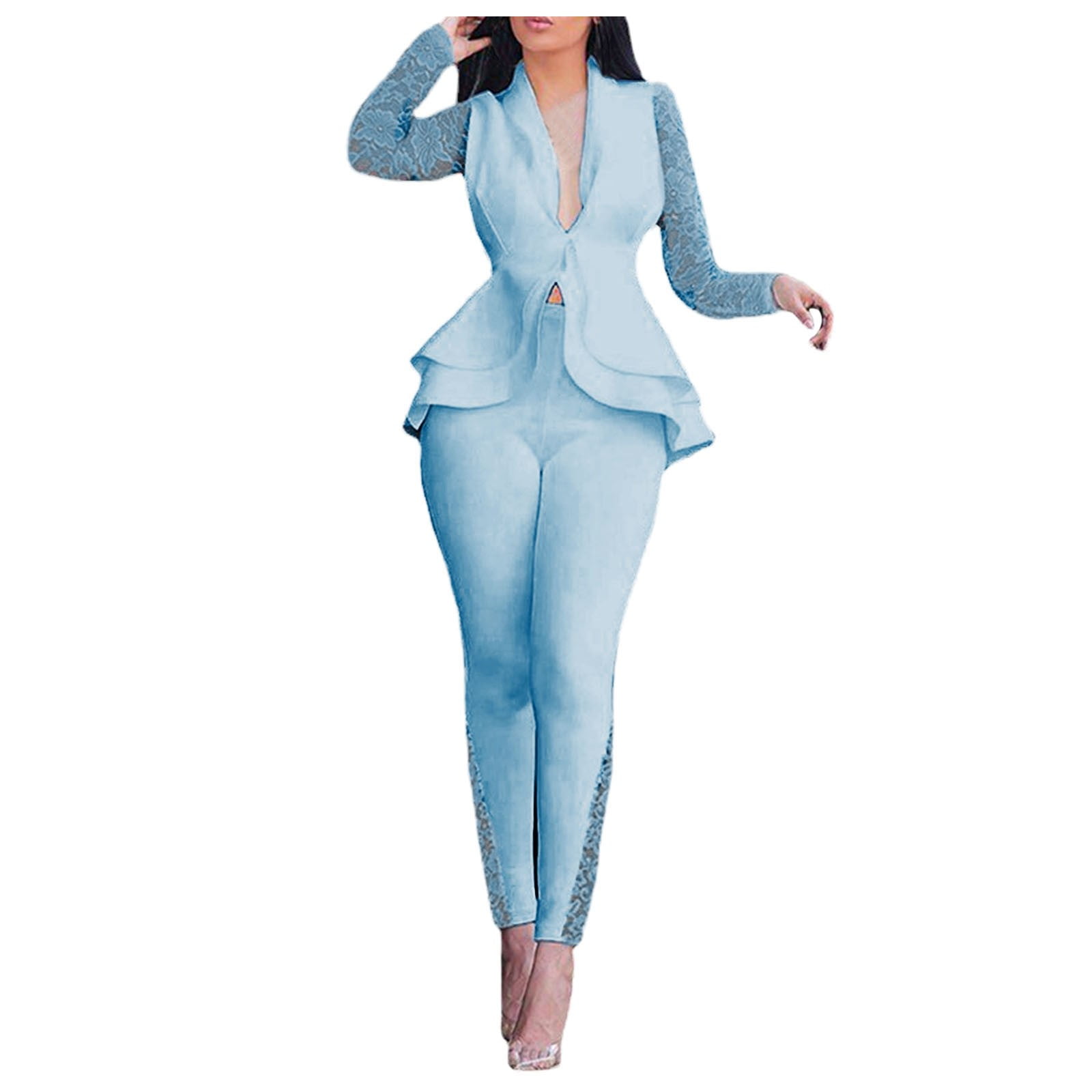 JDEFEG Womens Pantsuit Women Suit Solid Lace Splice V-Neck Long