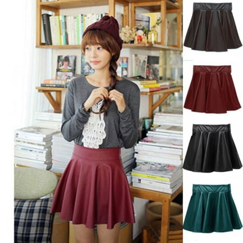 Nituyy Women Ladies High Waist Faux Leather Pleated Flared Skater Party Club Mini Skirt Brown