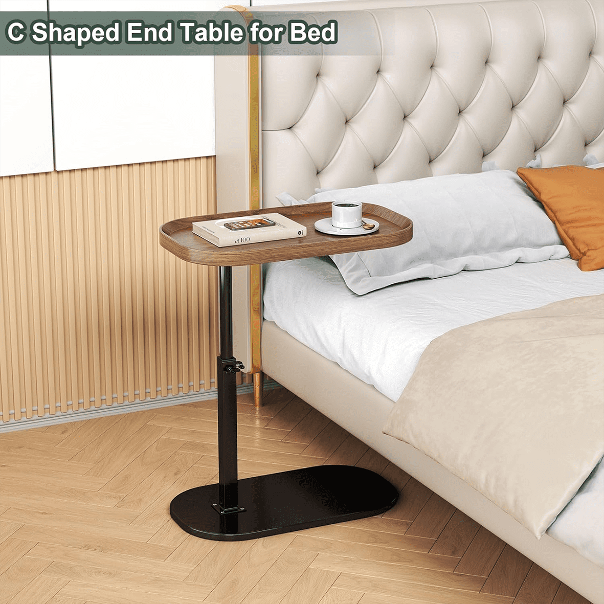 Yabanana C Shaped Side Table End Table, 360° Swivel and Adjustable Height Side Table Sofa Table for Couch(Black)