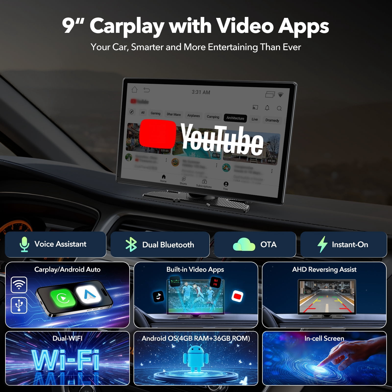 Lamtto 9inch Portable Wireless CarPlay Android Auto Screen
