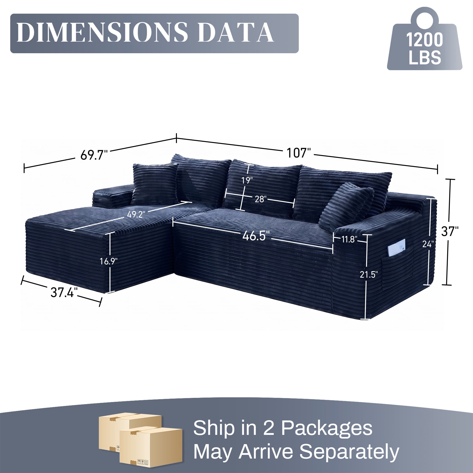 Aukfa 107" Cloud Modular Sectional Couch with Left-Facing Chaise, Corduroy Deep Seat Boneless Sofa for Living Room, Apartment, Blue