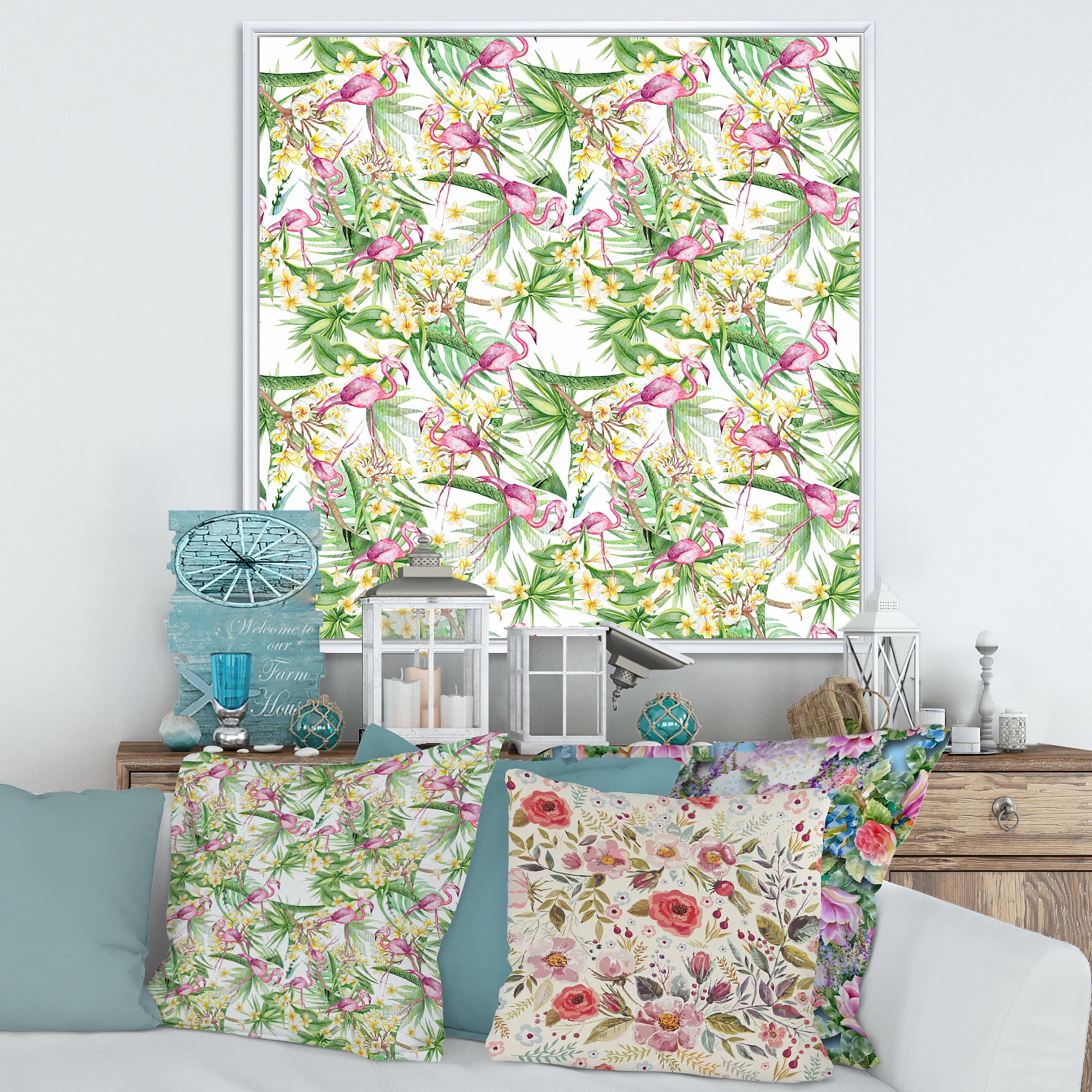 Designart 'Yellow Flowers, Tropical Foliage With Flamingo II' Modern Framed Canvas Wall Art Print