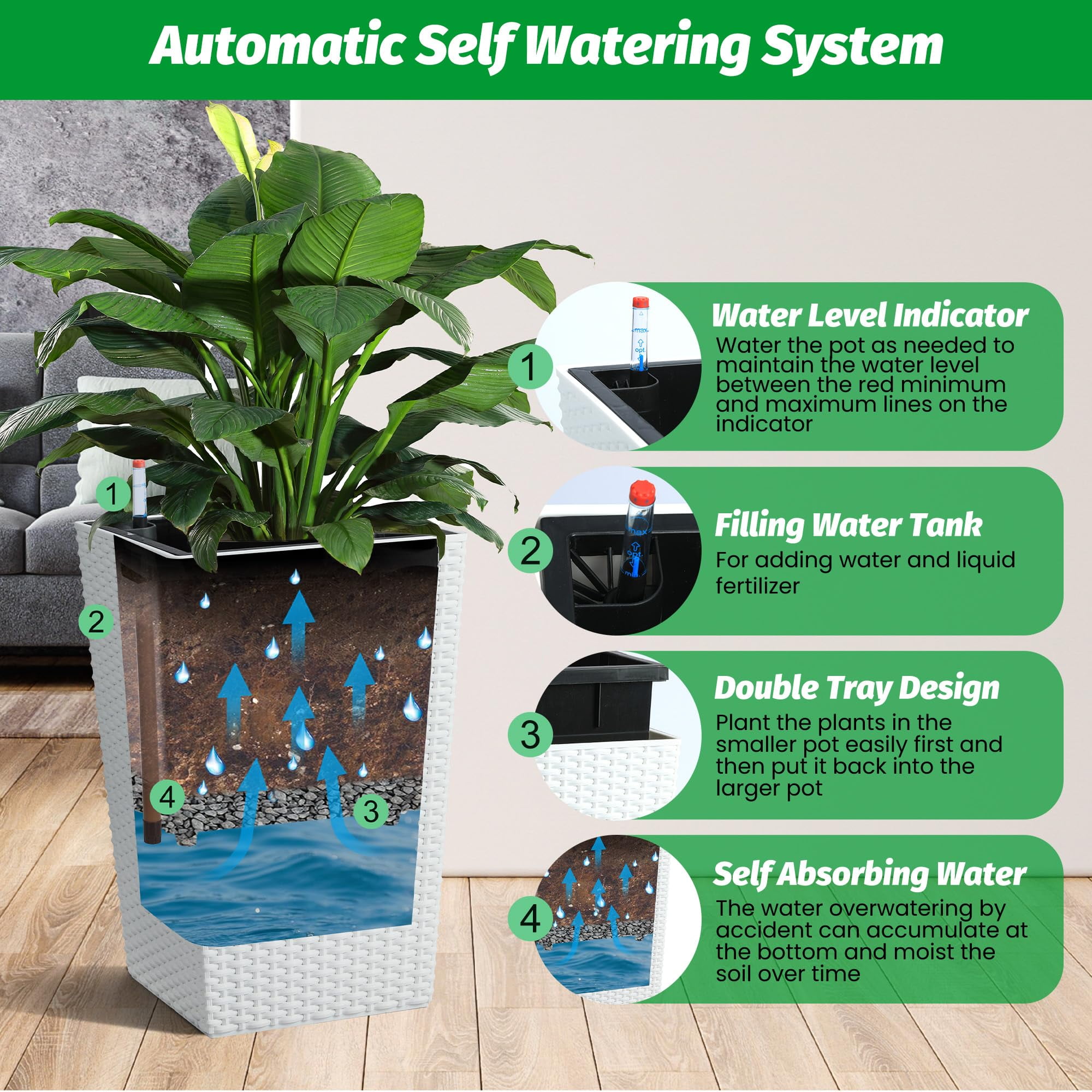 Kicctian Set of 2 Tall Rattan Planters – 16" Modern Plant Pots with Built-in Drainage & Removable Liners – Ideal for Indoor Outdoor Patio, Porch, Garden Decor, White