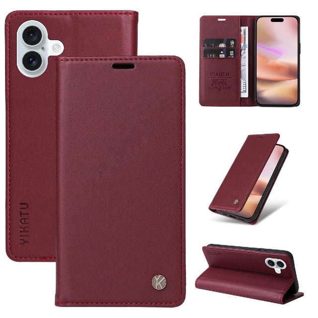 Funda para iPhone 16 Plus Estuche de Cuero PU Tipo Cartera con Ranuras para Tarjetas y Cierre Magnético