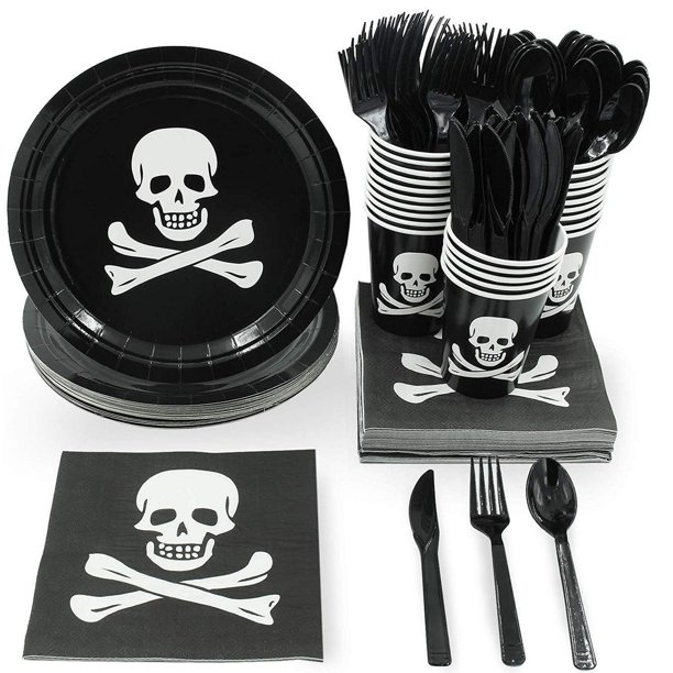 Serves 24 Pirate Birthday Party Supplies, 144PCS Plates Napkins Cups Knives Spoons Forks, Skull