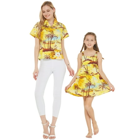 

Matching Mother Daughter Aloha Shirt and Dress in Sunset Dolphin Yellow