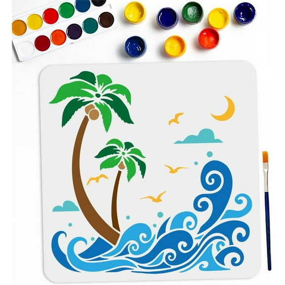 Wave Coconut Tree Stencil 11.8×11.8inch Large Summer Sea Beach Stencils with Paint Brush Ocean Palm Tree Seagull Moon Cloud Template for Canvas Wall Wood DIY Craft Home Decor