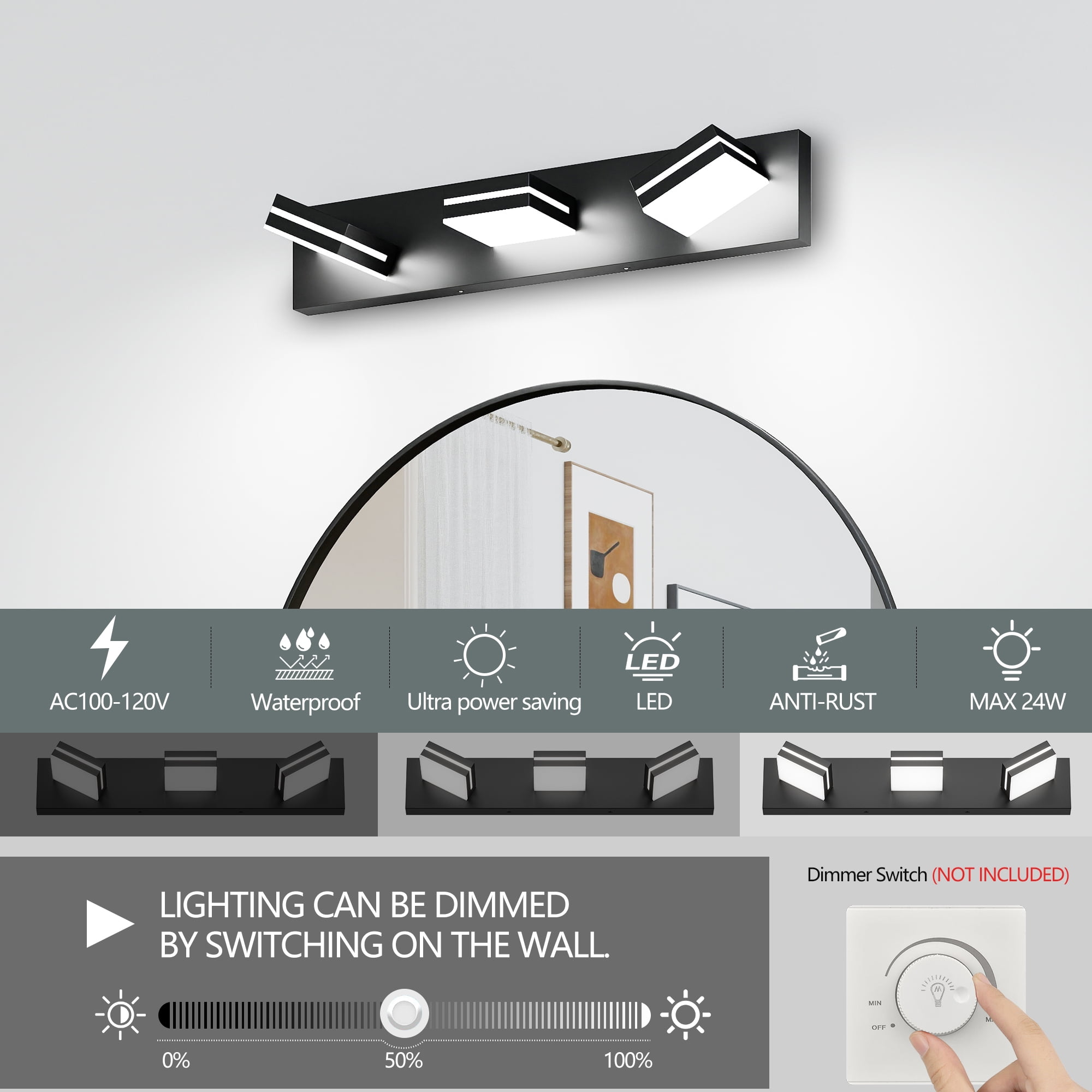 Miniyam 3-Lights LED Vanity Light, Modern Wall Sconce for Bathroom Over Vanity Mirror, Dimmable Light Fixture, Black