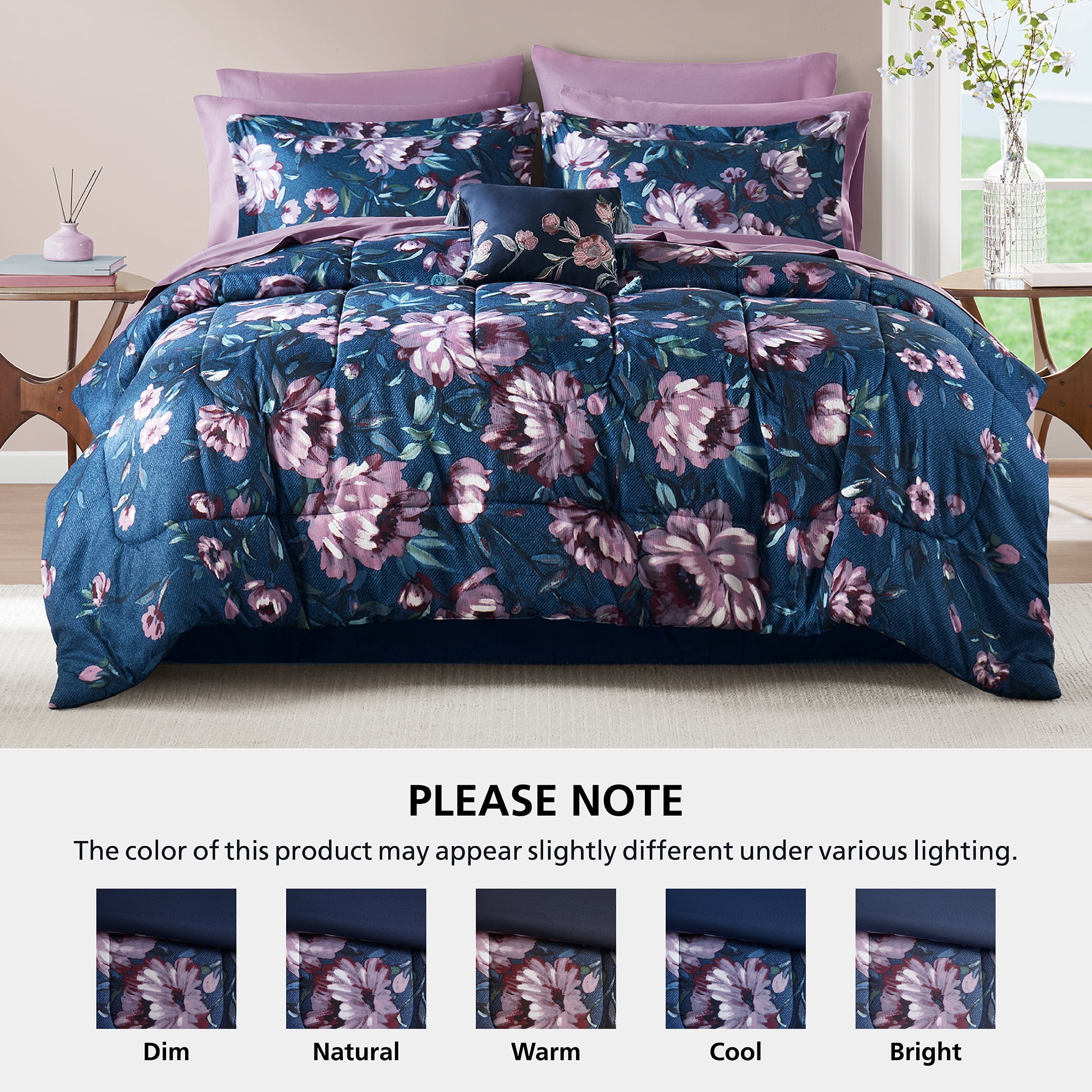 Mainstays All in One Reversible Comforter and Sheet set- 11 Piece, Queen, Navy Floral