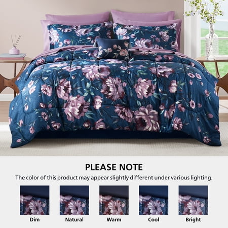 MAINSTAYS ALL IN ONE REVERSIBLE COMFORTER AND SHEET SET- 11 PIECE, KING, NAVY FLORAL