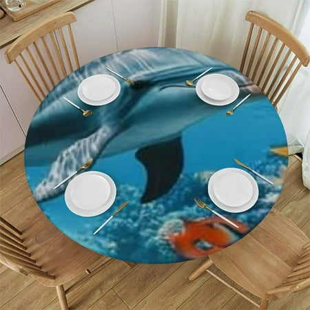 

Patifu Dolphin Coral Reef Underwater Round Tablecloth Stain Resistant Washable for Indoor Outdoor Kitchen Dining Wedding Parties 100% Polyester Fabric Table Cover 38 -42