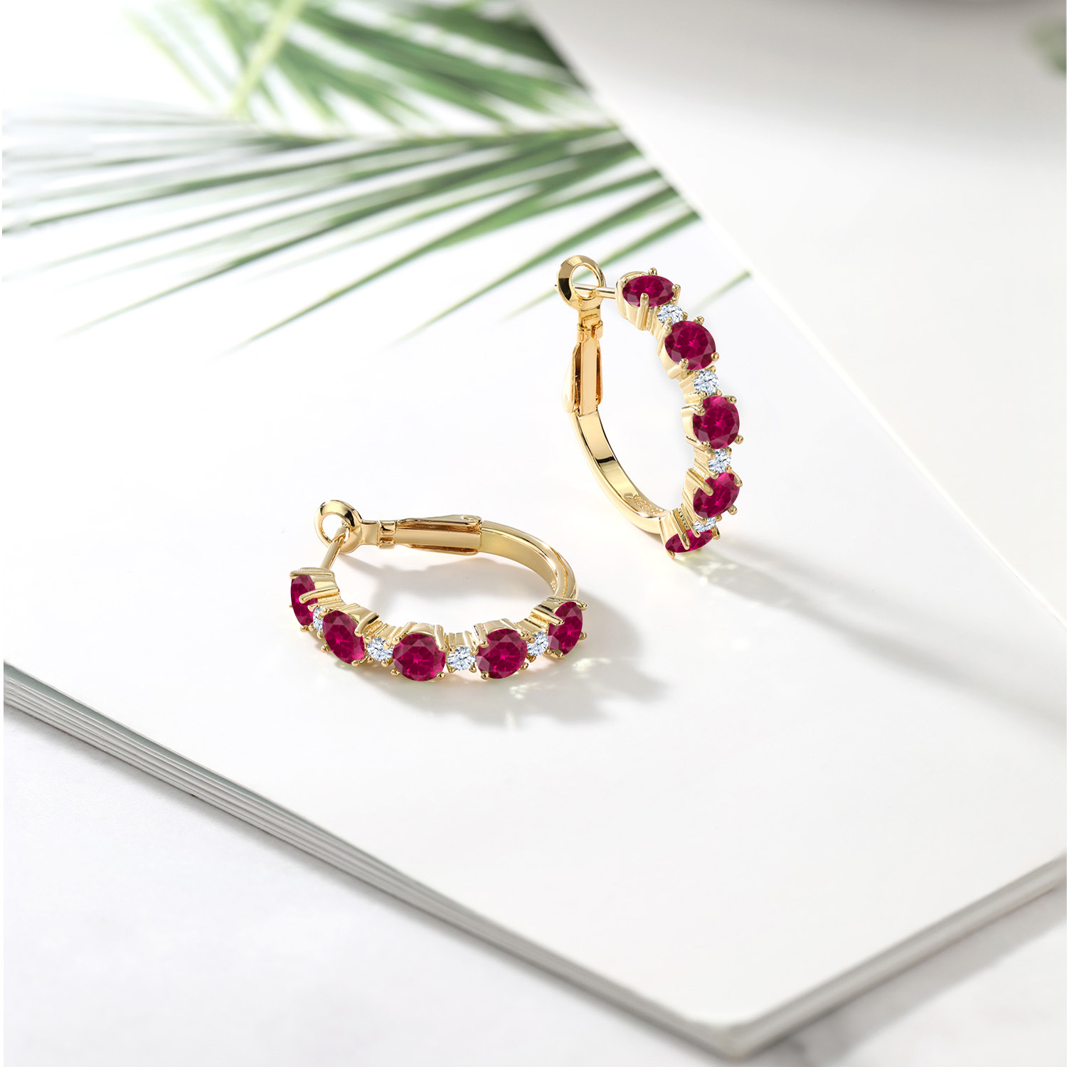 Gem Stone King 18K Yellow Gold Plated Silver Red Created Ruby and White Zirconia Hoop Earrings for Women (2.74 Cttw, Round 4MM and 1.9MM, 1 inch Diameter)