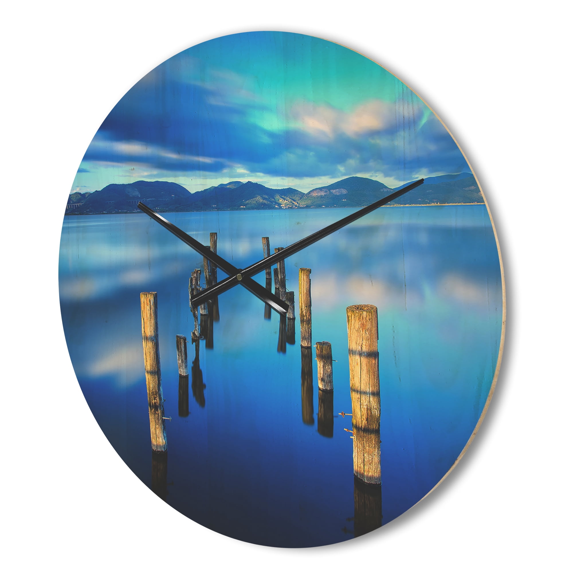 Designart 'Wooden Pier Remains in Blue Mountain Sea ' Modern Wood Wall Clock