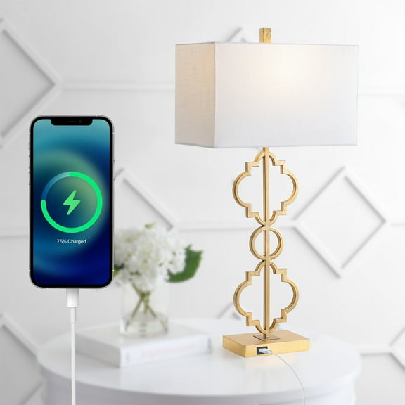 JONATHAN Y Selina 32" Iron Ogee Trellis Modern LED USB Table Lamp, Gold, JYL3071A