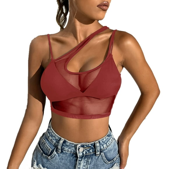 WZXFASHION Women Sleeveless Casual Tops See Through Women's Mesh Crop Sheer Shirt Short T Sexy Lingerie Sleepwear Intimates Red S