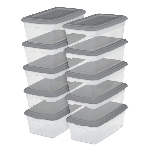 Sterilite Set of (10) 5.7 Liter Storage Box, Clear Plastic Storage Bins, Snap-on Lid, Grey