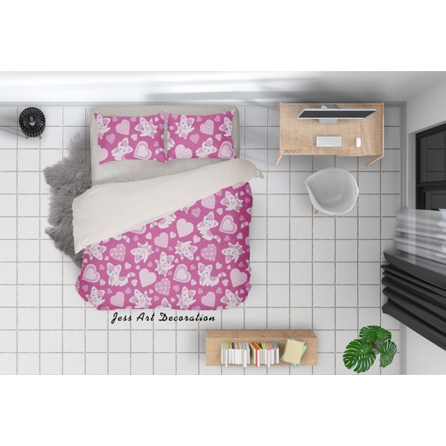 3D Dibujado a mano rosa Animal Gato Amor Funda nórdica Set Ropa de Cama Set Funda Nórdica