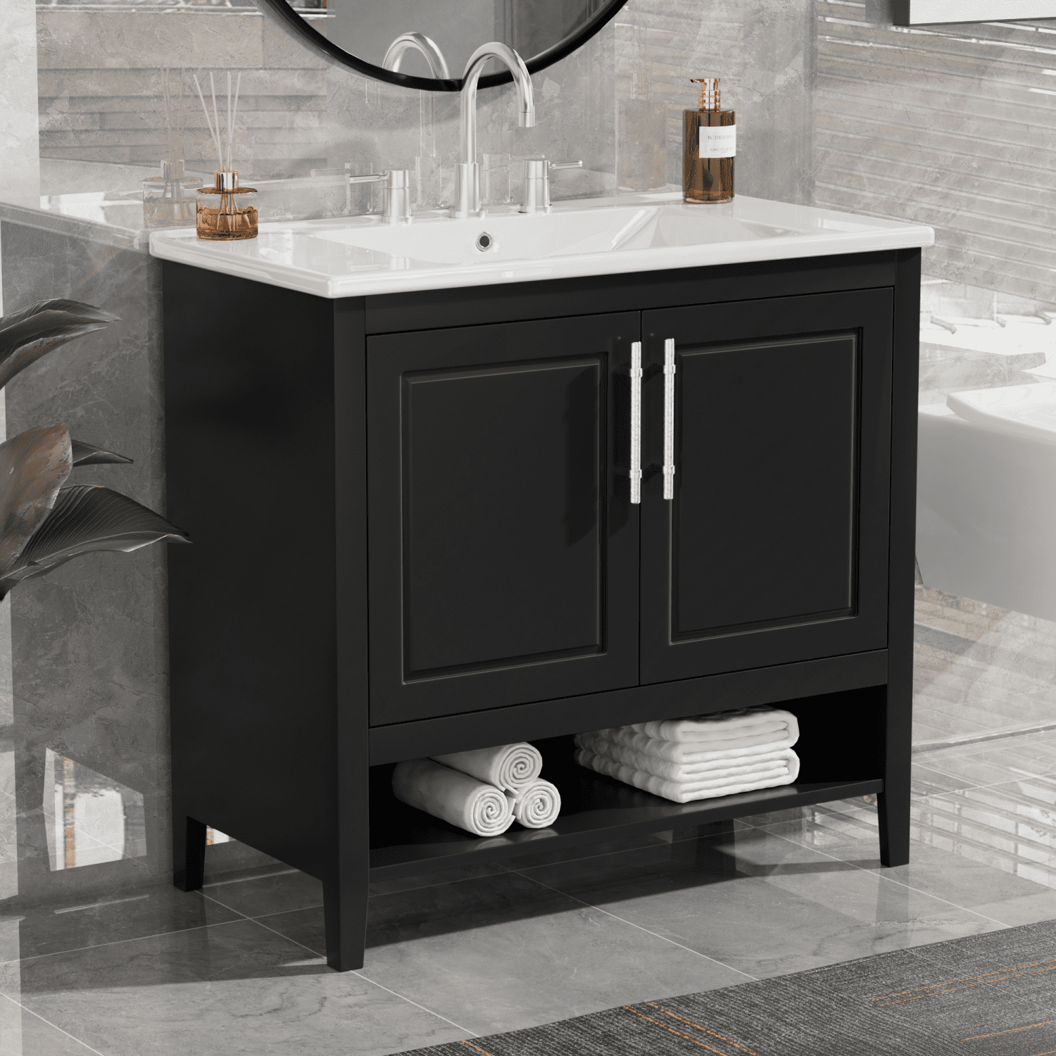 Harper & Bright Designs 36" Bathroom Vanity with Sink, Multi-functional Bathroom Cabinet with Doors and Drawers, MDF Frame and MDF Board, Black