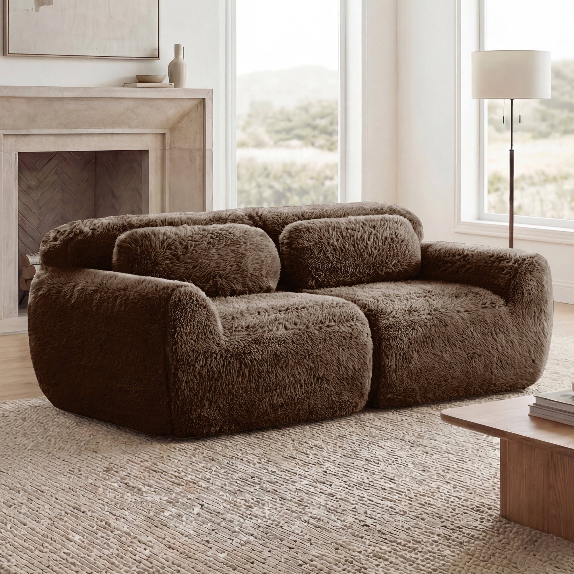 Anpport 80" 2-Seater Modular Cloud Sofa, Soft Fluffy Plush Fabric Sectional Couch, 32D High Density Sponge, No Assembly Required Ergonomic Comfy Sofa with Pillows for Living Room, Chocolate