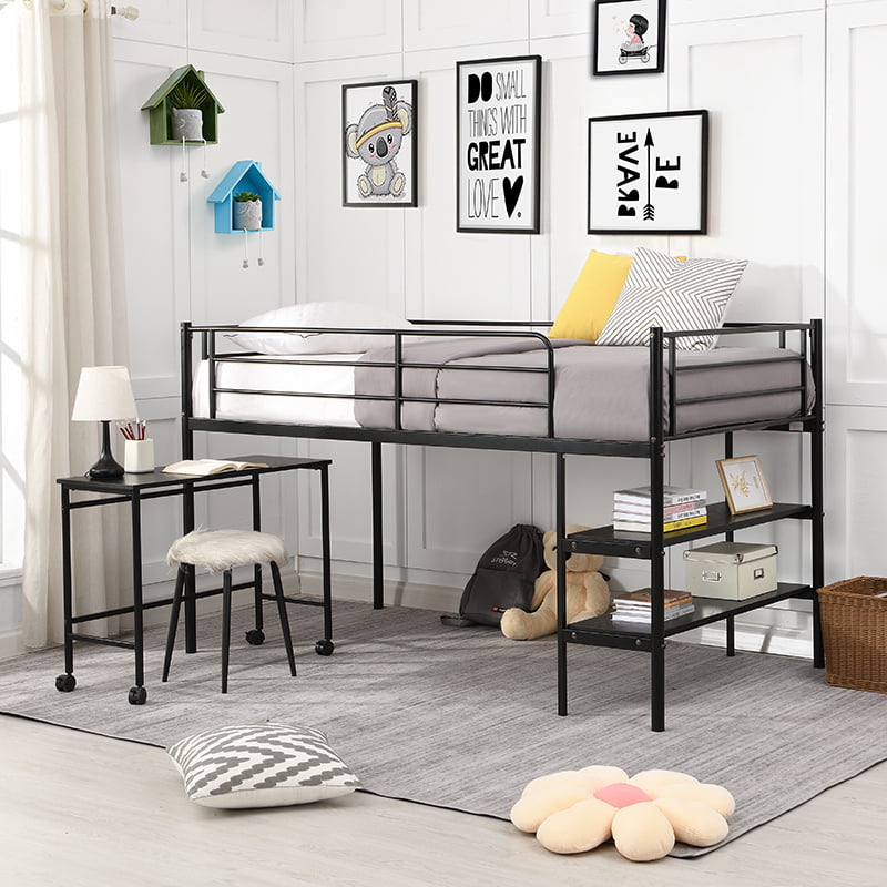 Details about   Kids Teens Black Metal Twin Loft Bed With Pull Out Desk Casters Storage Shelves 