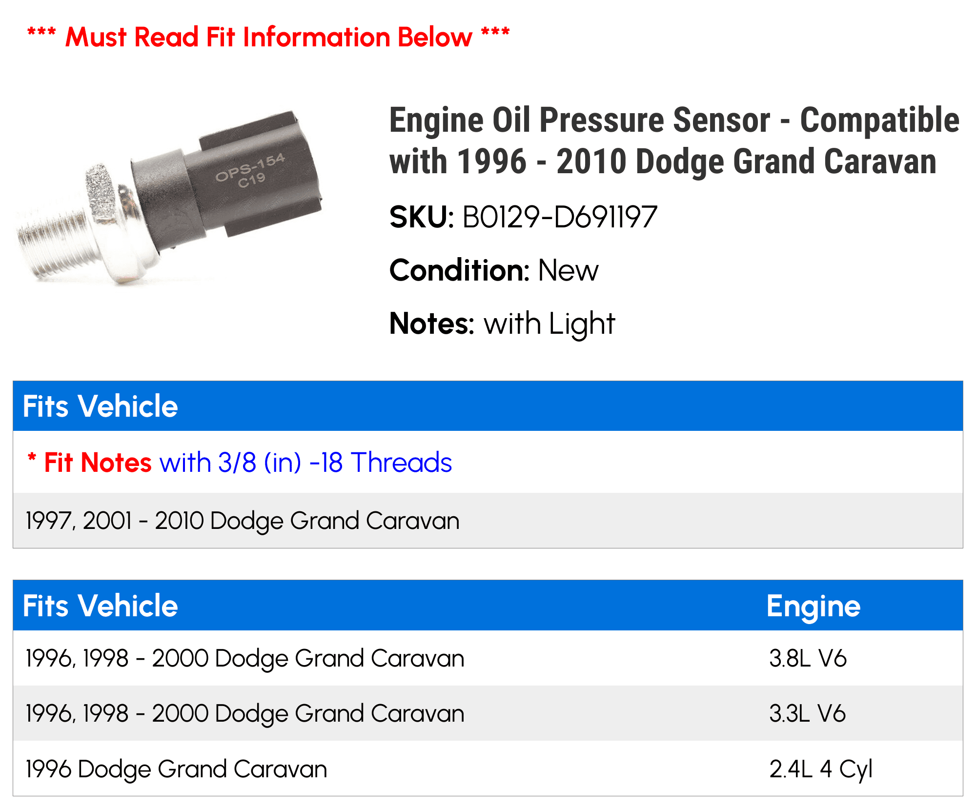 Engine Oil Pressure Sensor - Compatible with 1996 - 2010 Dodge Grand Caravan 1997 1998 1999 2000 2001 2002 2003 2004 2005 2006 2007 2008 2009