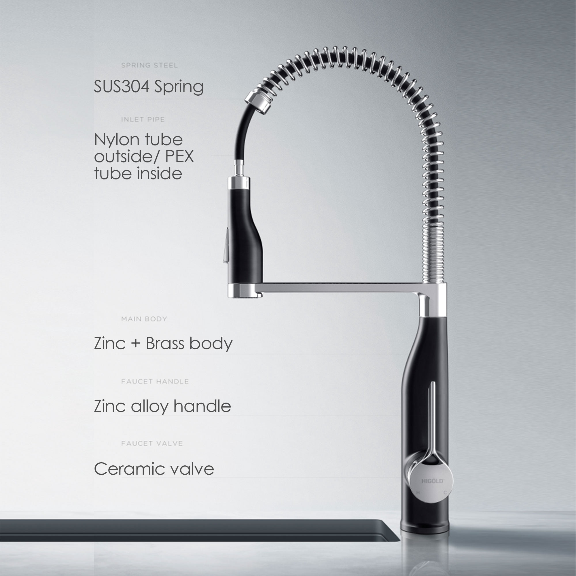 HIGOLD BN3.0 Pull Down Kitchen Faucet with Spring Neck Design, Stainless Steel and Matte Black Finished