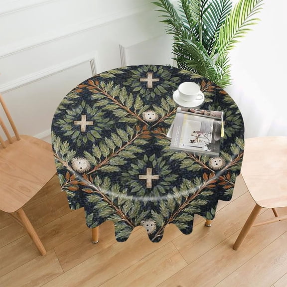 RKSupls 60 Inch Round Tablecloth, Leaves Crosses Premium Polyester Straight Edge Wrinkle Resistant Washable Table Cover for Party Home Dining Decor