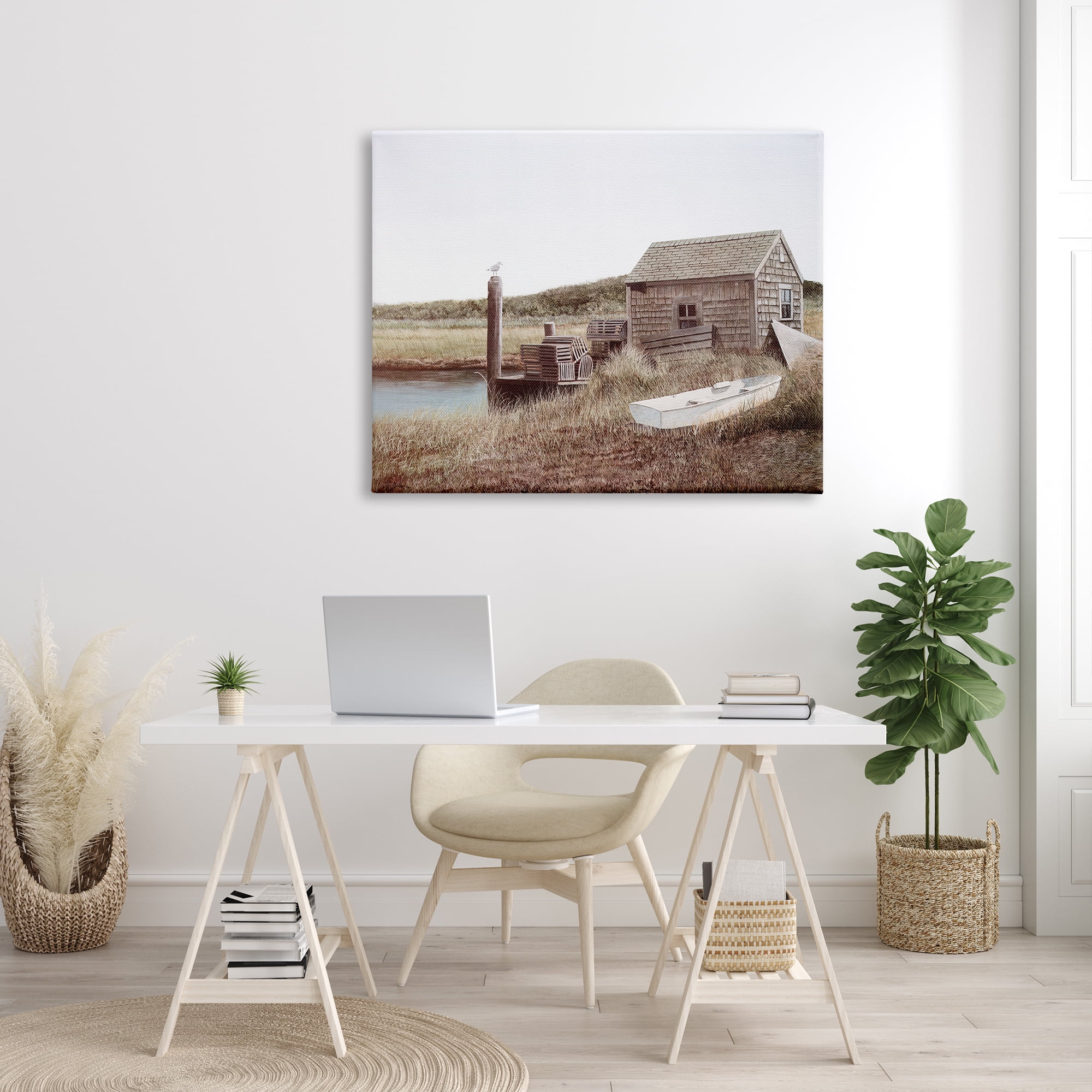 Stupell Industries Rural Seaside Cabin Seagull Perched Canoe Boat Painting Gallery Wrapped Canvas Print Wall Art, Design by Tom Mielko