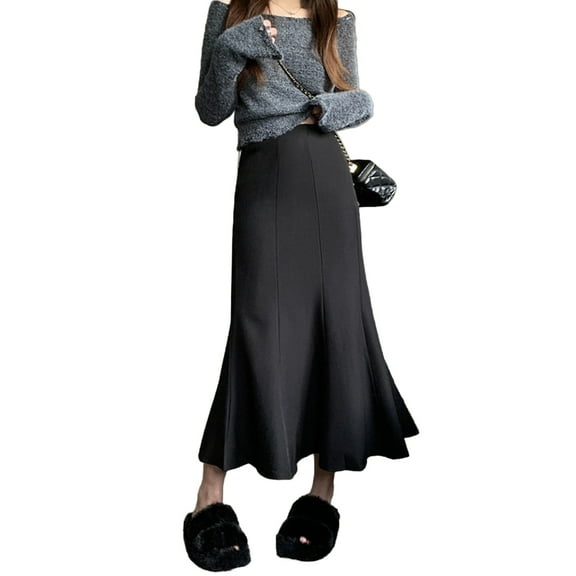 Fishtail Skirt Elastic High Waist Ruffle Trim Maxi Skirt Solid Color Hip Wrapped Long Skirt Office Lady Skirt Daily Wear