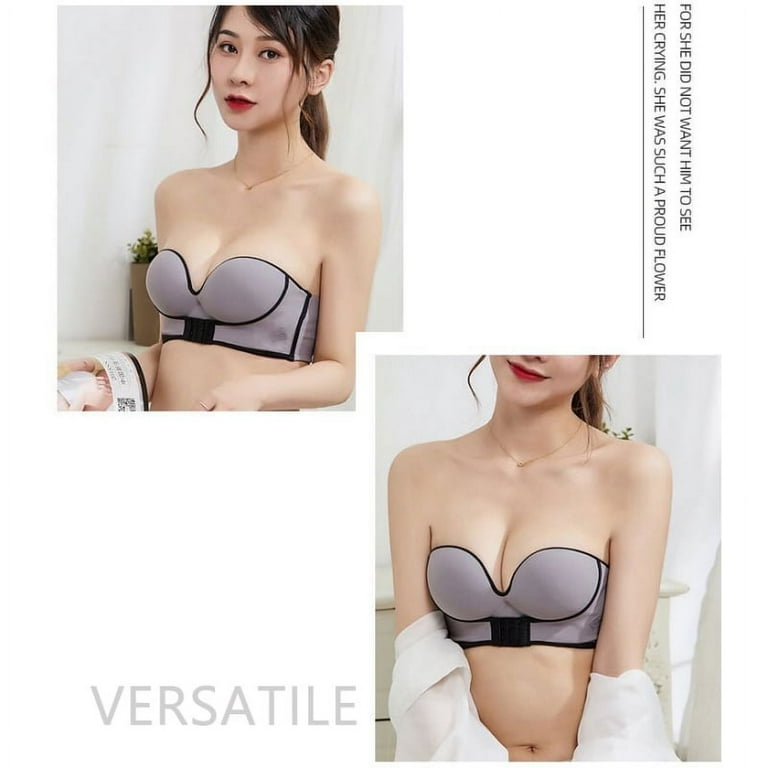 Women Padded Bra Gather Strapless Bra Women Super Push Up Bra-Sexy Lingerie  Invisible Brassiere With Adjustable Shoudler Front Closure Bras, Gray